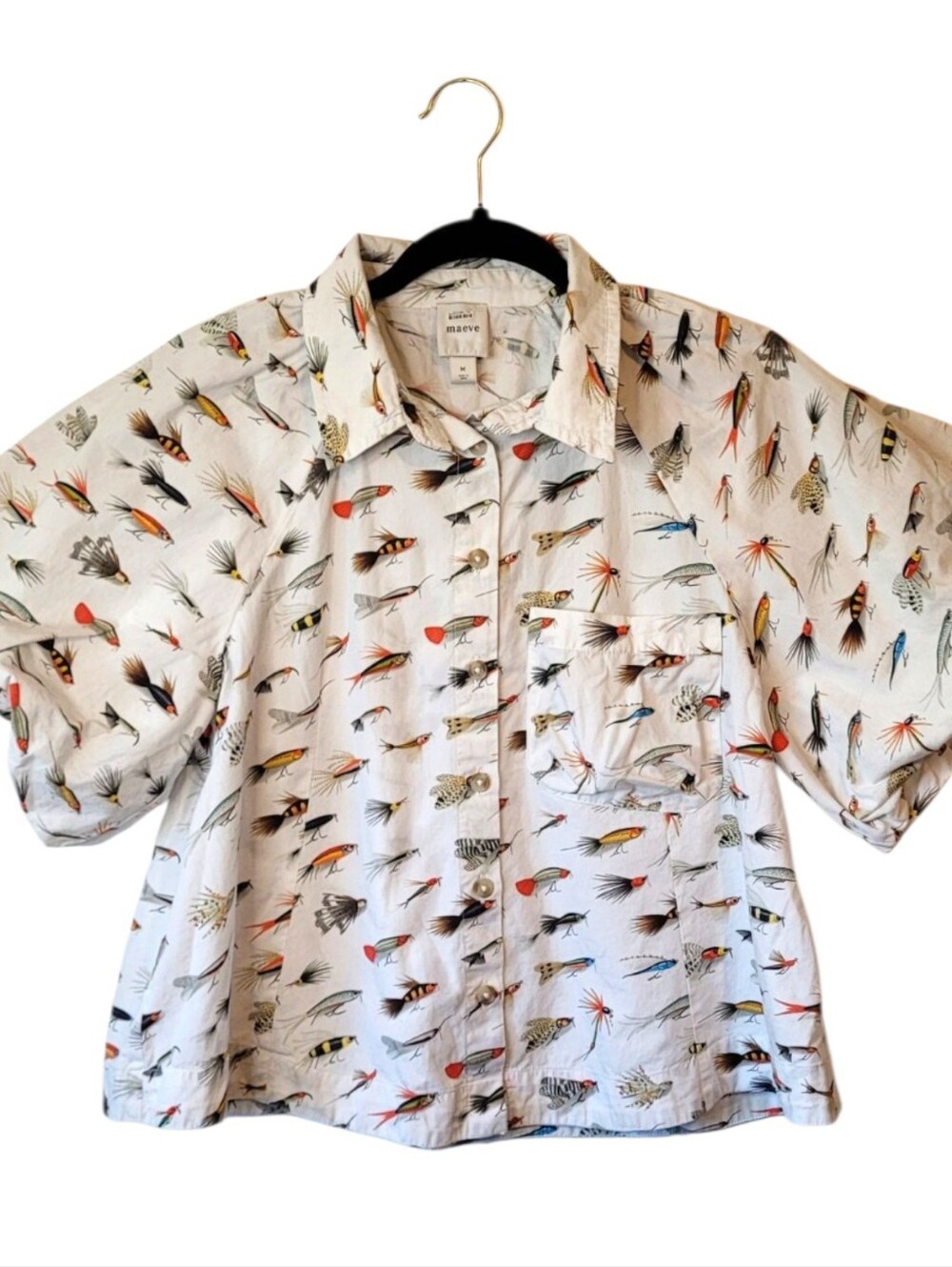 Maeve Cream Short-Sleeve Puff Sleeve Button-Down Shirt with Fishing Fly Print M